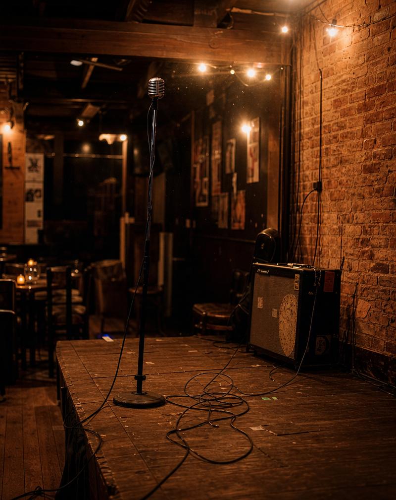 Empty stage at an intimate brick-walled venue lit by warm string lights